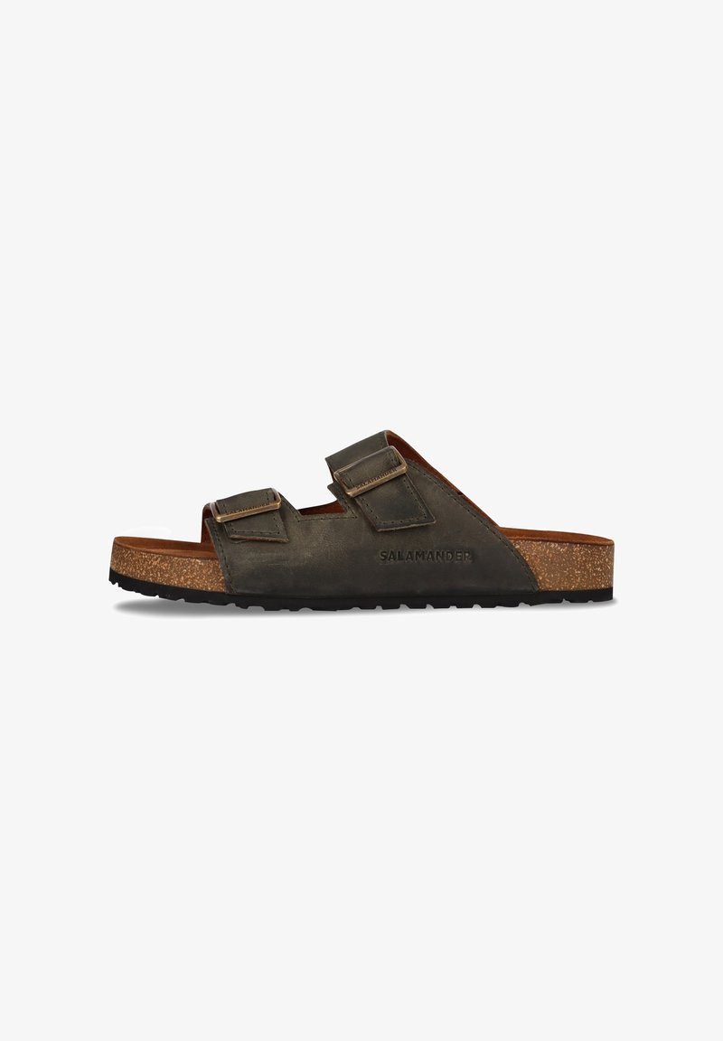 Braune Ledersandalen mit zwei verstellbaren Riemen, einem Korkfußbett und einer strukturierten schwarzen Gummisohle; "SALAMANDER"-Logo auf der Seite geprägt.