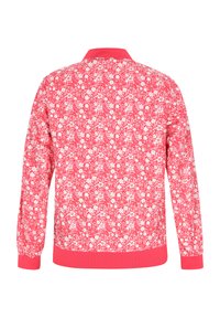 Giacca bomber floreale di un vivace colore rosa con un retro a zigzag decorato da fiori bianchi. I polsini e la vita in costina sono anch'essi rosa. Tessuto dalla superficie liscia.