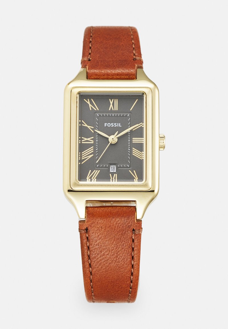 Rectangular Fossil watch with gold-tone metal case, black dial, Roman numerals, and brown leather strap; features date display at 6 o'clock.