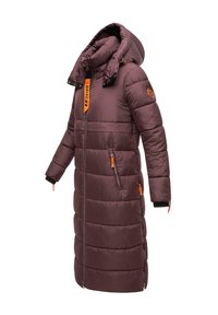 Long, padded coat in dark purple with a hood. Features zippered pockets, orange accents, and a textured quilted design.
