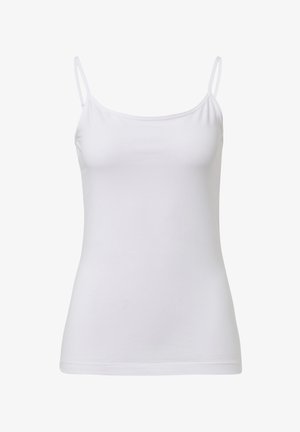 Débardeur blanc sans manches en tissu coton lisse. Il possède des fines bretelles et un design ajusté, avec une silhouette simple et épurée.