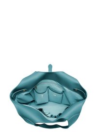 Turkusowa skórzana torba na ramię z teksturowaną powierzchnią, przestronnym wnętrzem, licznymi kieszeniami oraz centralnym dzielnikiem dla lepszej organizacji.