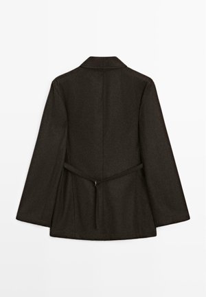 Cappotto marrone scuro con colletto a punte, maniche lunghe e vita cinchata. Il tessuto appare liscio con una sottile texture. Nessun hardware visibile.