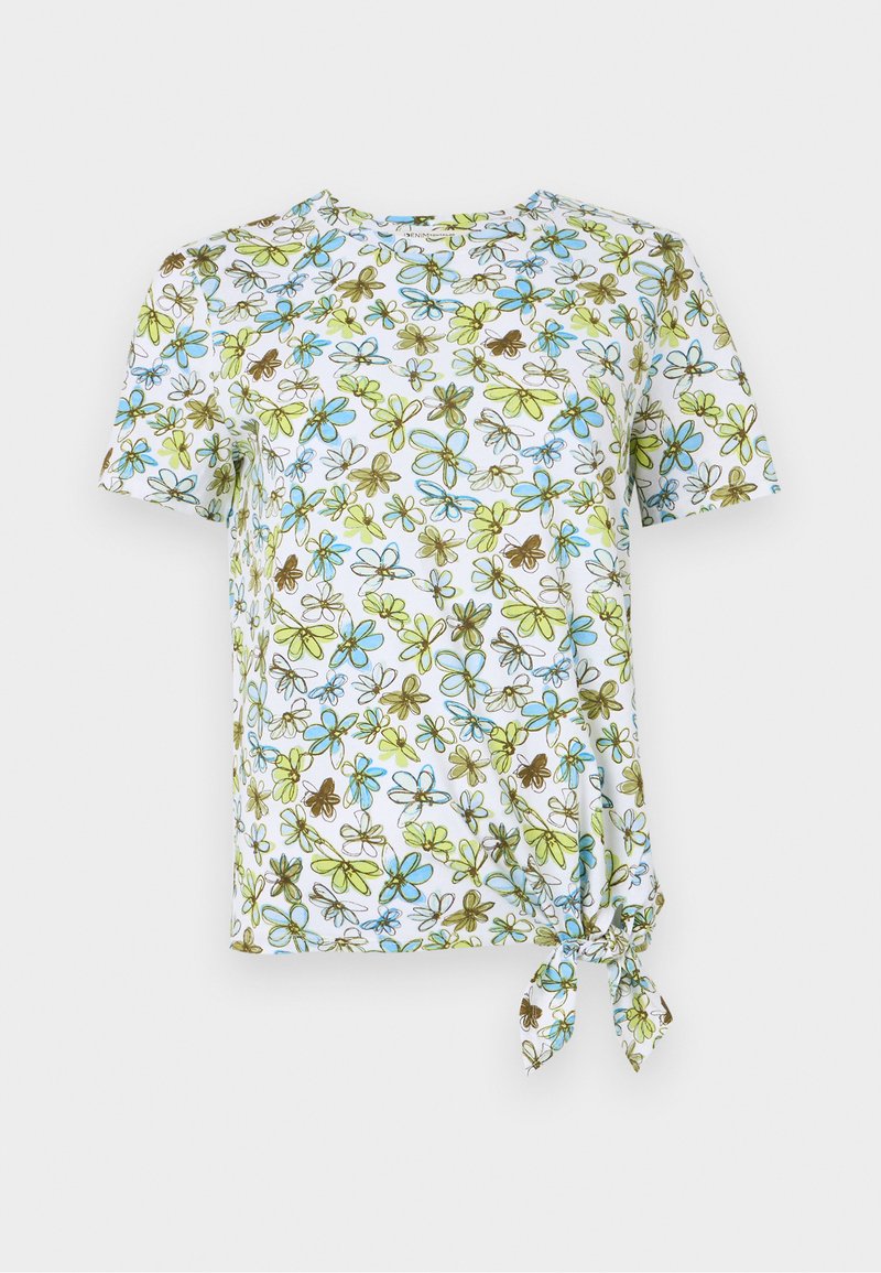 T-shirt bianco a maniche corte con stampa floreale in blu, verde e marrone. Presenta un dettaglio annodato sul lato per un effetto arricciato.