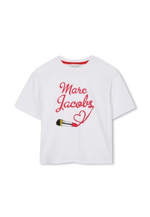 White cotton t-shirt featuring red embroidered text "Marc Jacobs" and a design of a lipstick tube with a heart shape, relaxed fit.