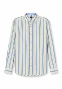 Langärmeliges Hemd mit vertikalen blauen und weißen Streifen, Button-down-Kragen, einer einzelnen Brusttasche und kontrastfarbigen Abschlüssen an den Manschetten.