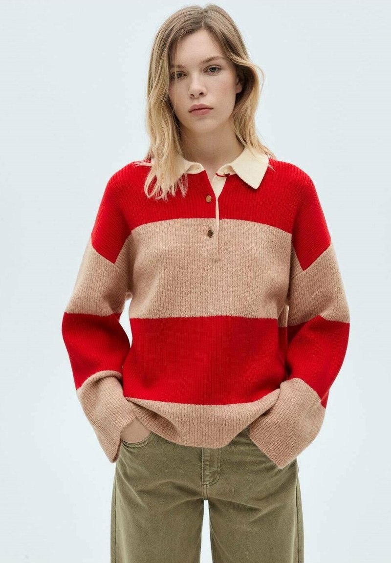 Röd och beige randig stickad tröja med krage och tre knappar, med långa ärmar och en avslappnad passform.