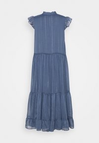 Robe midi bleue sans manches avec col et ourlet volantés, tissu transparent avec des rayures brillantes verticales, jupe à volants.
