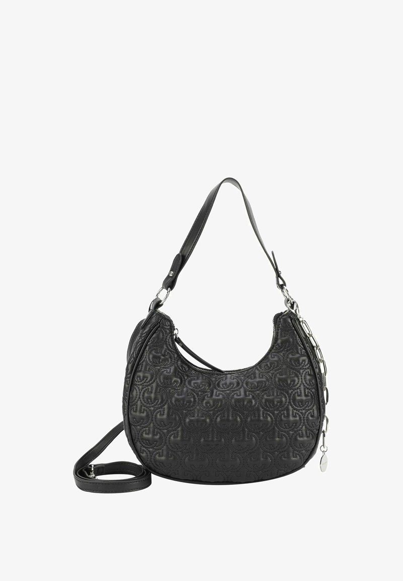 Schwarze Leder-Schultertasche mit geprägtem Logo-Muster, runder Form und abnehmbarem Kettenriemen für zusätzliche Details.