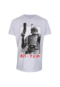 Grå bomulds t-shirt med et sort grafisk tryk af en karakter, der holder en blaster, med rødt japansk tekst forneden.