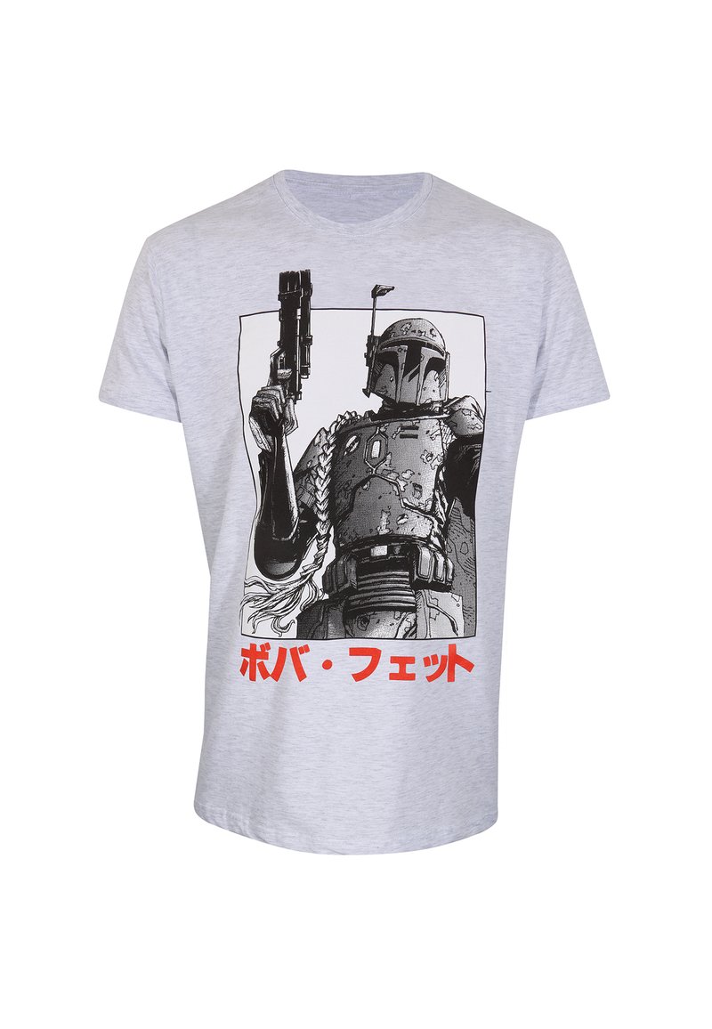 Grå bomulds t-shirt med et sort grafisk tryk af en karakter, der holder en blaster, med rødt japansk tekst forneden.