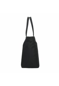 Zwarte tote bag gemaakt van duurzaam materiaal, met een rechthoekige vorm, platte bodem en twee lange, stevige schouderbanden.