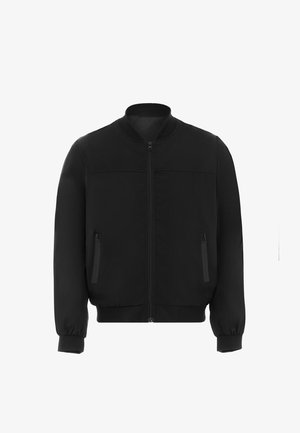 Černá bomber bunda s vroubkovaným límcem, zipovým uzávěrem a dvěma postranními kapsami. Hladký materiál s elastickými manžetami a spodním lemem.