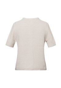 Gewebter cremefarbener Pullover mit kurzen Ärmeln und einem strukturierten, gitterartigen Muster, ausgestattet mit einem runden Halsausschnitt und gerippten Bündchen.