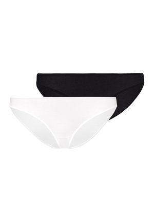 Zwei schlichte Bikini-Unterhosen, eine schwarze und eine weiße, flach liegend mit dem weißen Paar vorne.