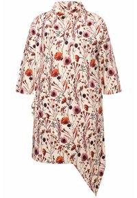 Bloemen tuniek met een hoge halslijn, voorzien van een crèmekleurige basis en levendige rode, roze en zwarte bloemen. Asymmetrische zoom en korte mouwen.