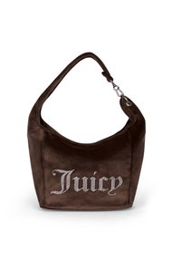 Borse hobo in velluto marrone con manico curvo, caratterizzata da un logo "Juicy" in strass sul davanti. Texture liscia e forma morbida.