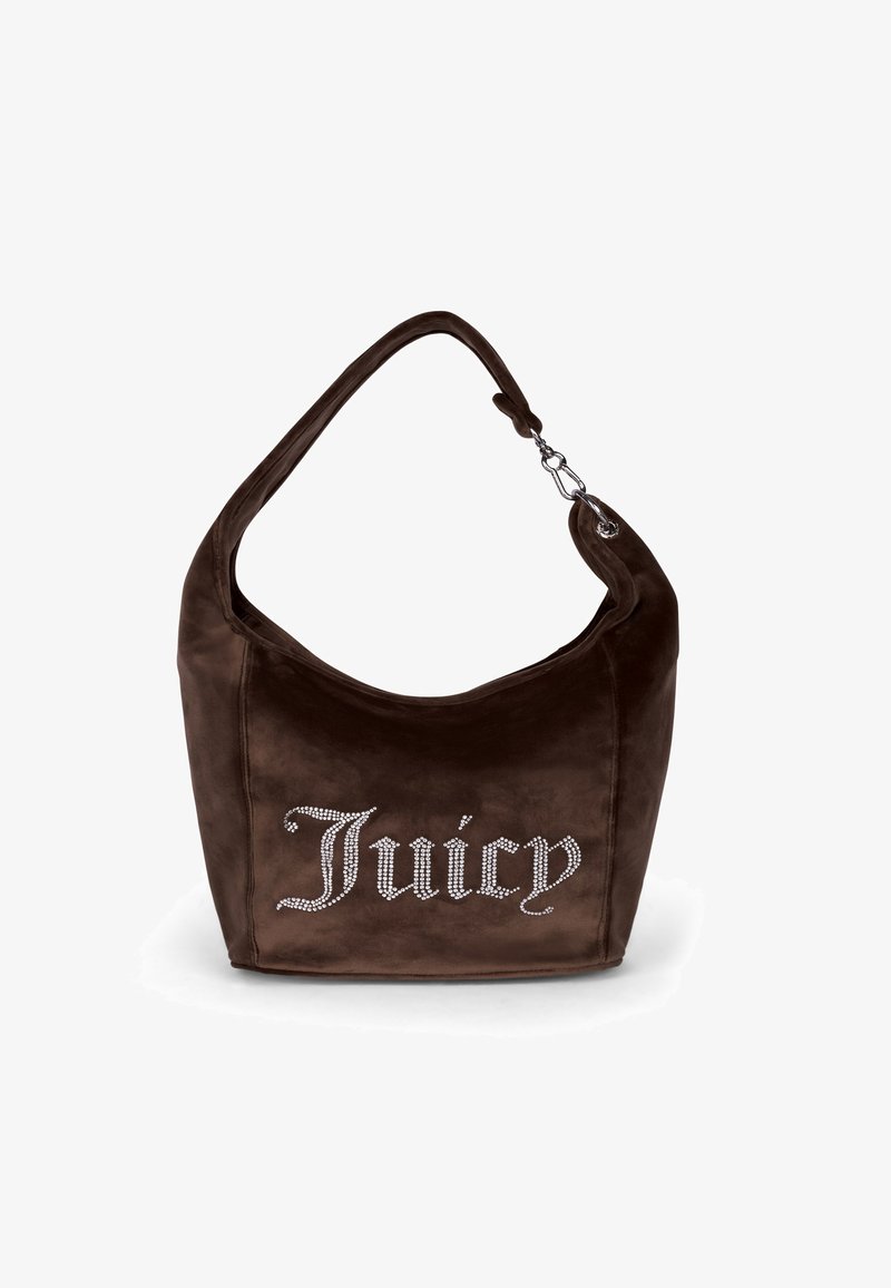 Borse hobo in velluto marrone con manico curvo, caratterizzata da un logo "Juicy" in strass sul davanti. Texture liscia e forma morbida.