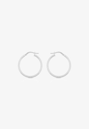 Orecchini a cerchio in argento con una finitura lucida, forma circolare, chiusura a cerniera e un design elegante senza ulteriori motivi o accenti.