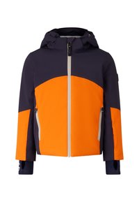 Dětská bunda s kapucí a předním zipem, námořnická modrá s jasně oranžovými barevnými bloky, se zipovými bočními kapsami a manžetami s otvory na palce.