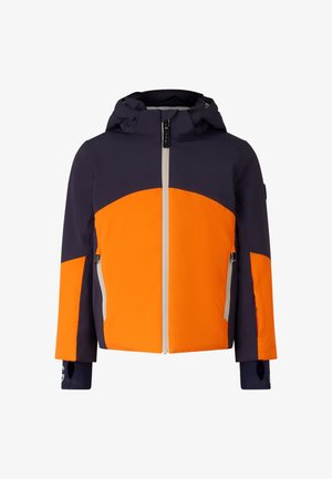Children's hooded jacket with front zipper, navy blue and bright orange color blocks, zippered side pockets, and thumb hole cuffs.