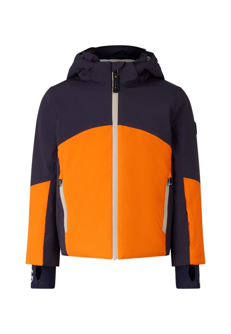 Dětská bunda s kapucí a předním zipem, námořnická modrá s jasně oranžovými barevnými bloky, se zipovými bočními kapsami a manžetami s otvory na palce.