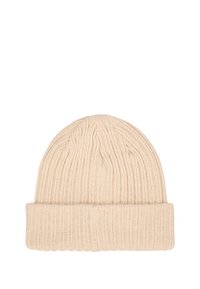 Pletená béžová čiapka s ohnutým okrajom, s rebrovanou textúrou a hladkým povrchom, navrhnutá pre teplo a pohodlie.