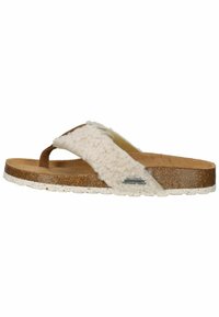 Sandalo scivoloso in shearling beige con soletta in sughero, cinturino in suede marrone e suola in gomma bianca. Presenta una superficie testurizzata e un design minimalista.