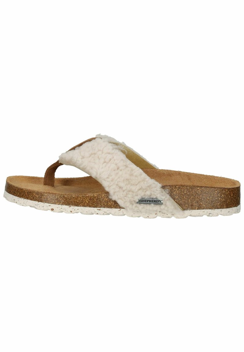 Sandalo scivoloso in shearling beige con soletta in sughero, cinturino in suede marrone e suola in gomma bianca. Presenta una superficie testurizzata e un design minimalista.