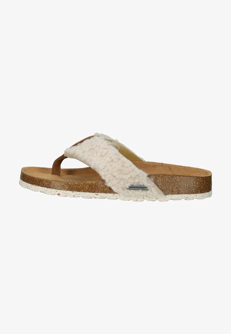 Beige shearling slide sandal with cork footbed, brown suede strap, and white rubber outsole. Features a textured surface and minimalist design.