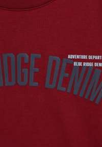 Raudonas džemperis su apvaliu iškirpimu ir minkšta tekstūra. Priekyje dideliais tamsiai pilkais rašmenimis užrašyta "BLUE RIDGE DENIM" ir "ADVENTURE DEPART."