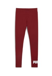 Burgundin väriset leggingit, joissa on joustava kangas, korkea vyötärö ja valkoinen "PUMA"-logo vasemmassa pohkeessa. Saumaton pinta ja tiukka malli.