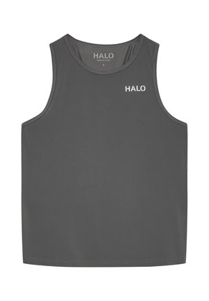 Mørkegrå ærmeløs sportstop med rund hals og "HALO"-logo trykt i hvidt på øverste venstre bryst og indersiden af kraven.