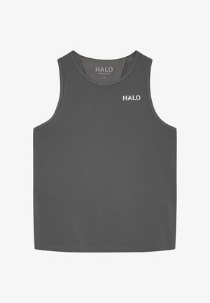 Dunkelgraues ärmelloses Sportoberteil mit Rundhalsausschnitt und weiß auf der oberen linken Brust sowie innen am Kragen gedrucktem "HALO"-Logo.