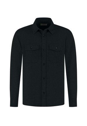 Black long-sleeve button-up shirt with collar and two buttoned chest pockets, simple and casual design.