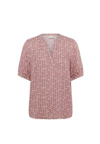 Krótki rękaw bluzki wykonanej z lekkiego materiału z dekoltem w kształcie V, z zygzakowym wzorem w kolorach różowym, szarym i ecru. Dolna część jest lekko zaokrąglona.