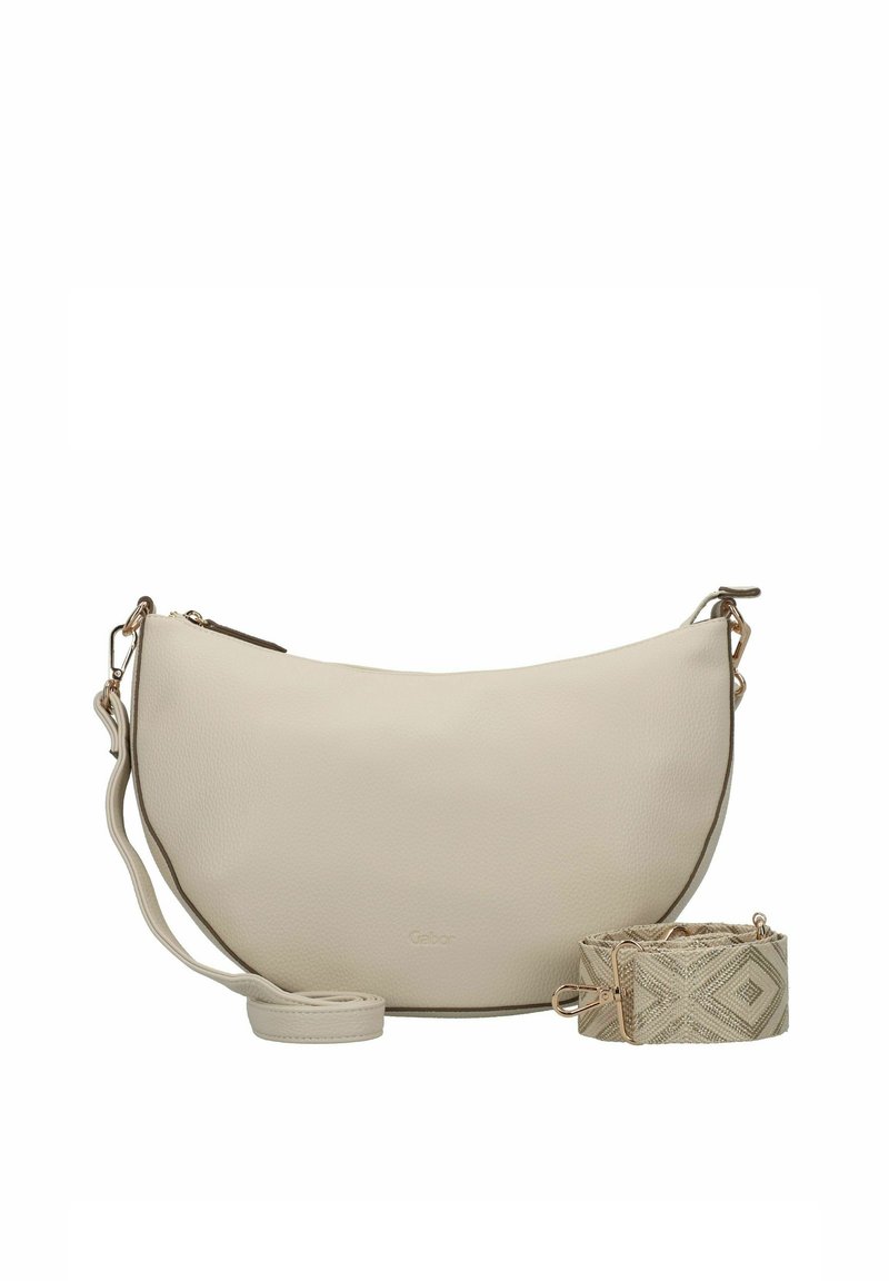 Bolso de hombro de cuero beige claro con un diseño curvado, que incluye una correa con estampado desmontable. Textura suave con acentos de hardware mínimos.