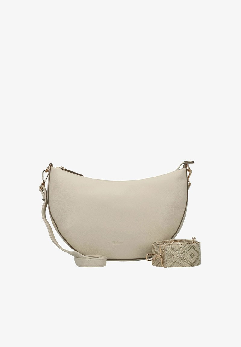 Borsa a spalla in pelle beige chiaro con design curvo, dotata di tracolla rimovibile con motivo. Texture liscia con minimi dettagli in metallo.