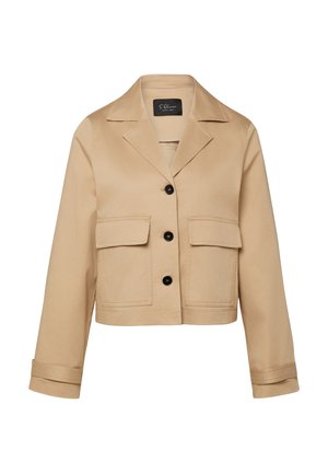 Beige kurz geschnittene Jacke mit großen Revers, drei schwarzen Knöpfen und zwei vorderen Klappentaschen, langen Ärmeln mit Manschettendetails.