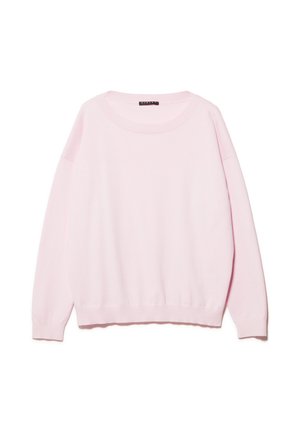 Maglione rosa chiaro a maniche lunghe con collo a giro e polsini e orlo a coste, mostrato su sfondo bianco.