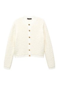 Kardigan o teksturowanym, kremowym kolorze z długimi rękawami, okrągłym dekoltem i sześcioma dekoracyjnymi złotymi guzikami z przodu.