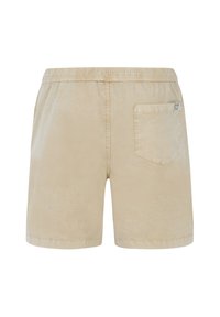 Beige shorts met een elastische tailleband, voorzien van een achterzak en een gladde textuur. Eenvoudig ontwerp zonder extra patronen of hardware.