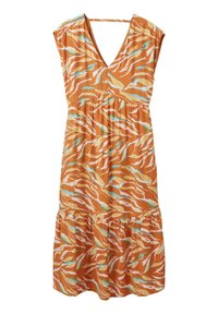 Oranges Kleid mit fließendem Design, das einen V-Ausschnitt, kurze Ärmel und einen gestuften Saum besitzt. Gemustert mit wellenförmigen weißen und hellblauen Streifen.