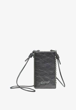 Black synthetic leather phone wallet with a textured finish, featuring a zipper closure, side stitching detail, and adjustable strap.