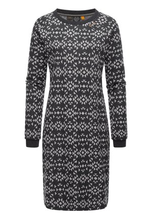 Robe à manches longues en tissu gris foncé avec un motif géométrique blanc, décolleté arrondi et détail de bouton près du col.