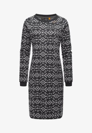 Rochie cu mâneci lungi făcută dintr-un material gri închis, cu un model geometric alb, guler rotund și detalii cu nasture aproape de color.