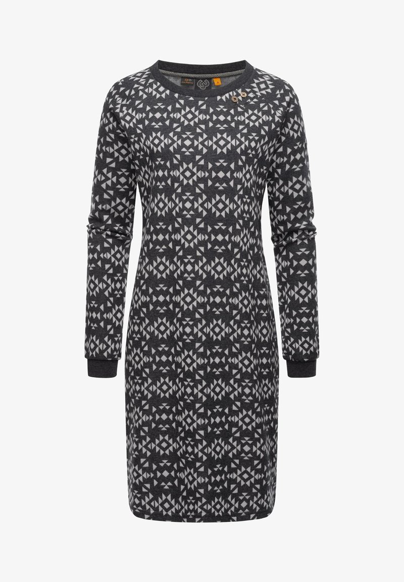 Tumšgaiša auduma kleita ar garām piedurknēm, kurai ir ģeometrisks balts raksts, noapaļota kakla izgriezuma forma un pogu dekors kakla tuvumā.