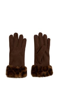 Guantes de ante marrón con un suave puño de piel sintética. Presentan cinco dedos y acentos texturizados en las yemas de los dedos para uso en pantallas táctiles.