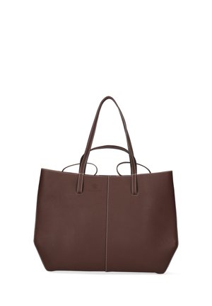 Dark brown leather tote bag with double handles, white stitching, and a slightly trapezoidal shape on a white background.