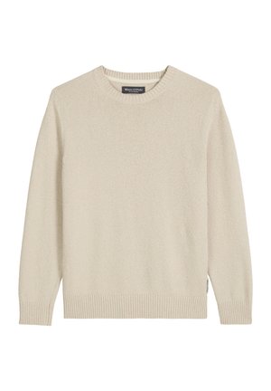 Beige gebreide trui, ronde halslijn, lange mouwen, geribbelde zoom en manchetten, zachte textuur, merketiket aan de binnenkant van de kraag.